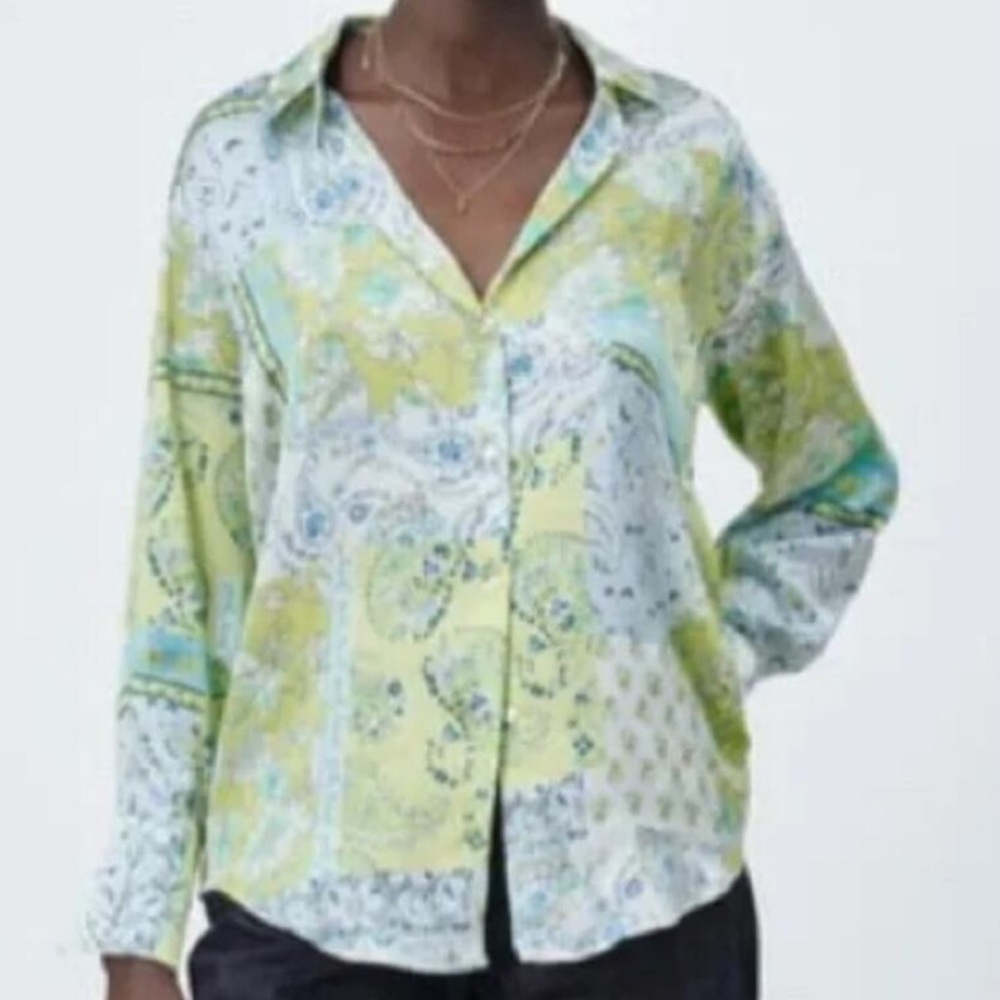 Zara Wmn S Blue Green Patchwork Satin Boho Oversized Long Sleeve Button Up Shirt